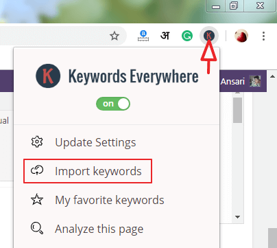in keyword Everywhere extension click on import keywords