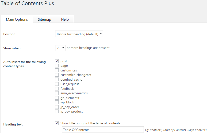table of contents setup
