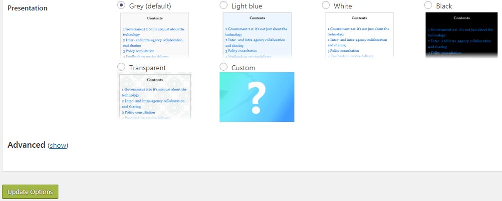 table of contents setup