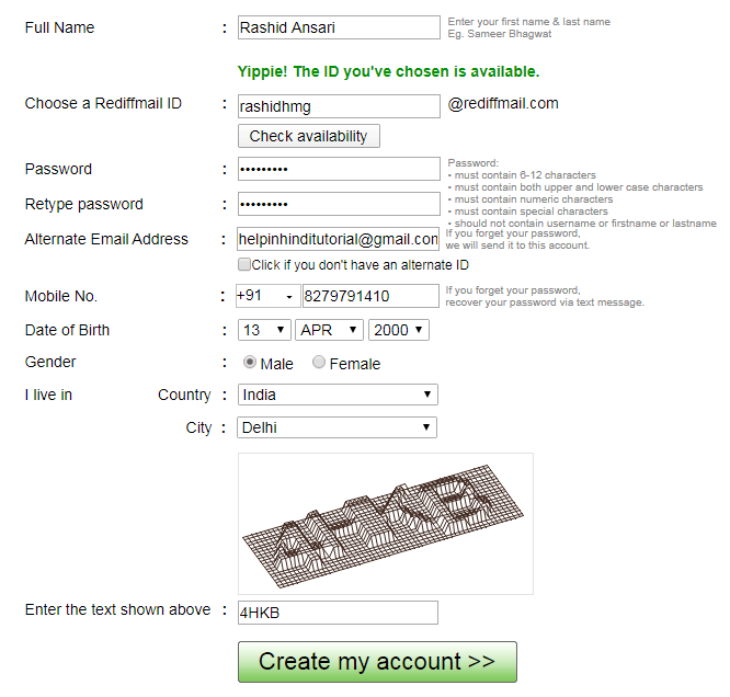 Create Rediffmail Account in Hindi